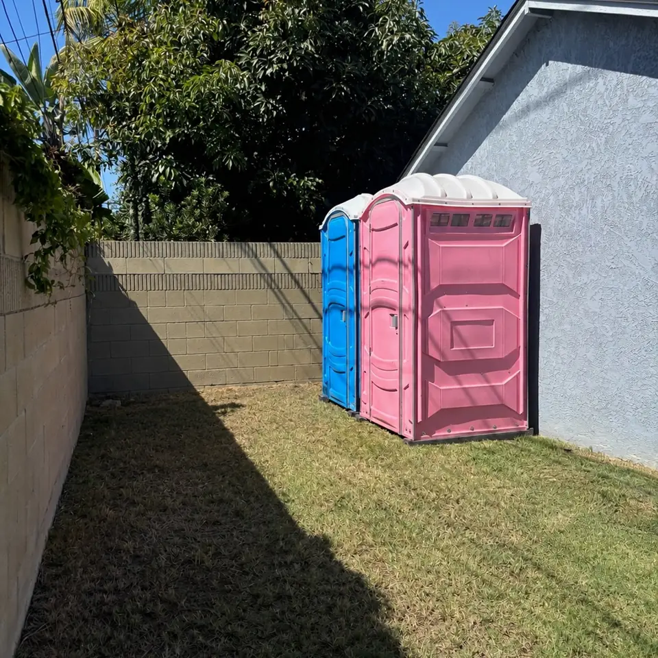 Pink and blue porta potties in a backyard for a party