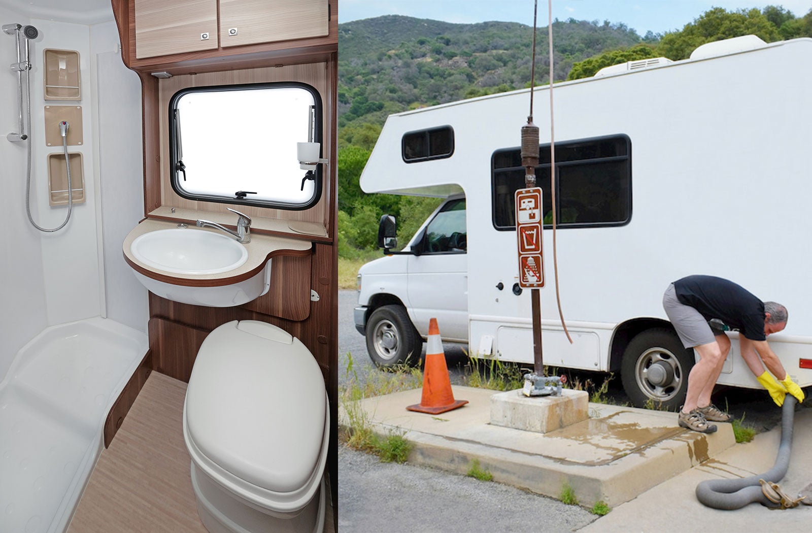 Portable RV/camper toilet and holding tank setup in Chino, California