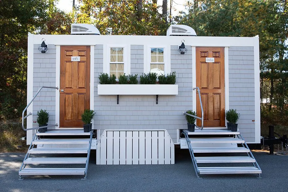 Wedding restroom units discretely staged at a venue in Chino, California